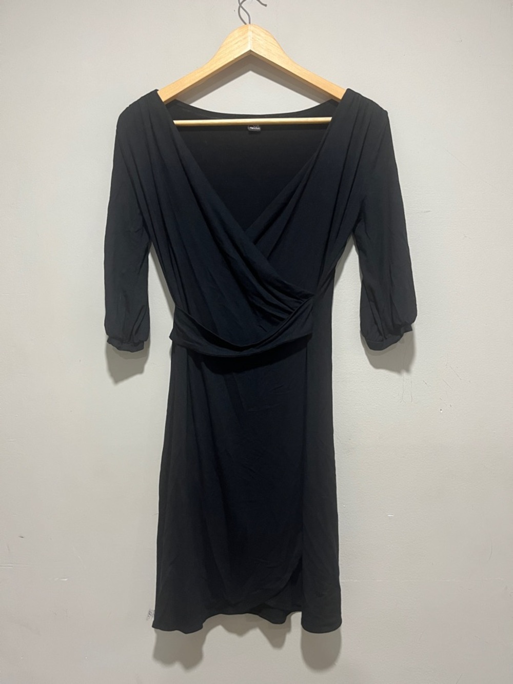 Only Hearts Black Faux-Wrap Midi Dress with Three-Quarter Sleeves